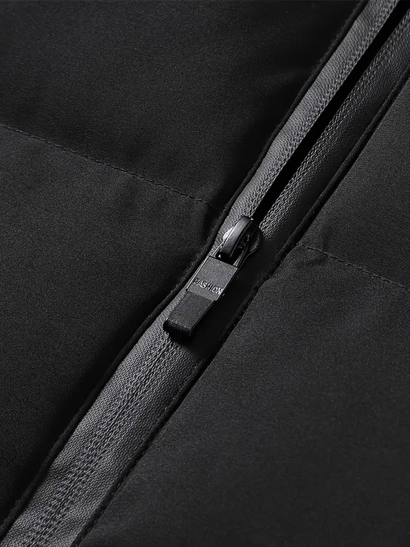 Men's Quilted Vest Black Minimalist with Stand-up Collar and Zipper Pockets