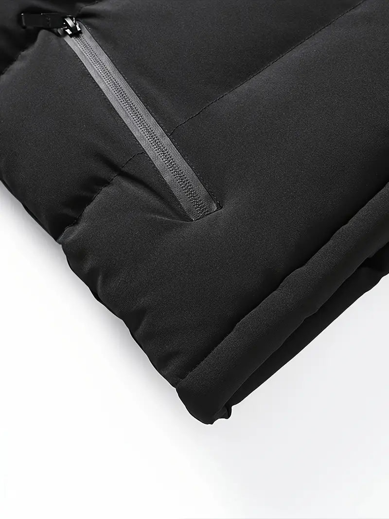 Men's Quilted Vest Black Minimalist with Stand-up Collar and Zipper Pockets