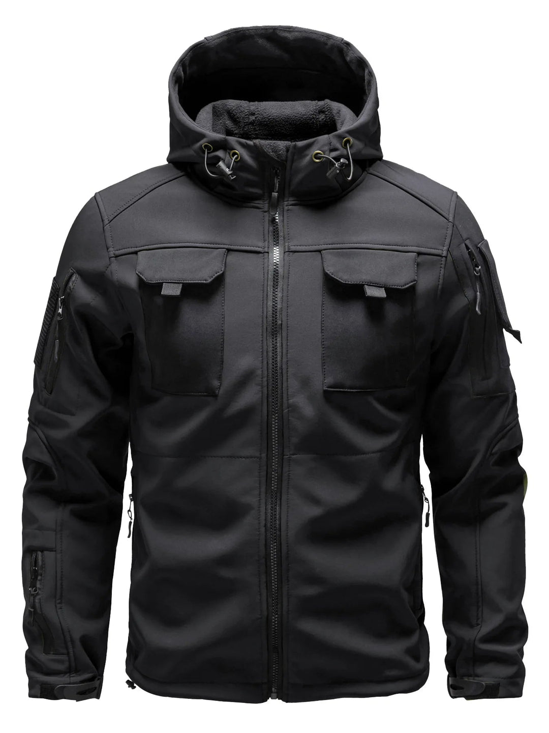 Men's softshell jacket with hood and multiple pockets