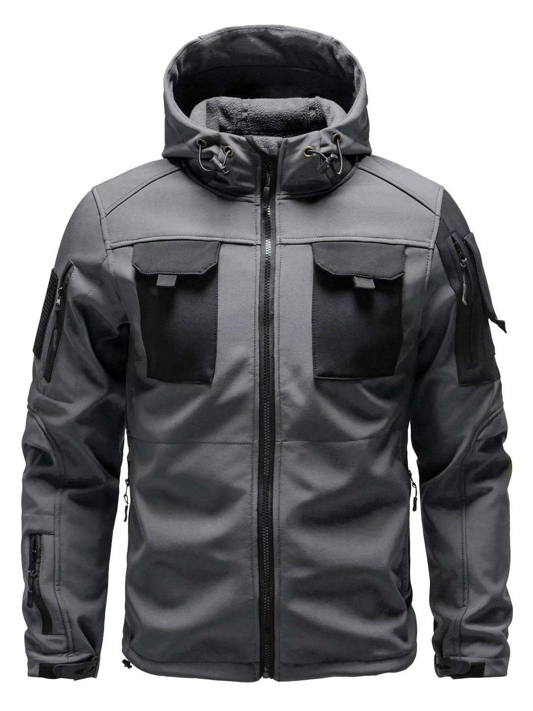 Men's softshell jacket with hood and multiple pockets