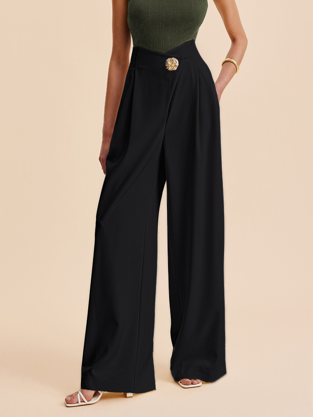 High-waisted fabric pants women wide-leg elegant