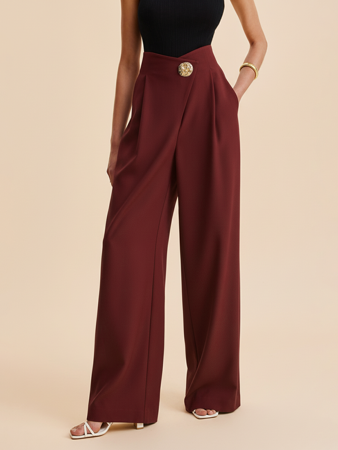 High-waisted fabric pants women wide-leg elegant