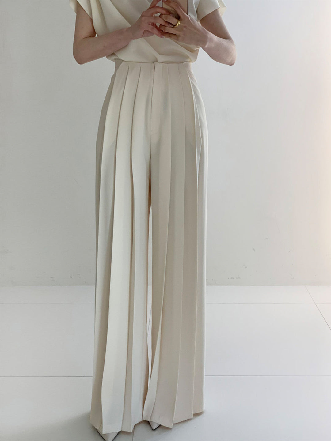 High-waisted fabric pants women wide leg polyester elegant
