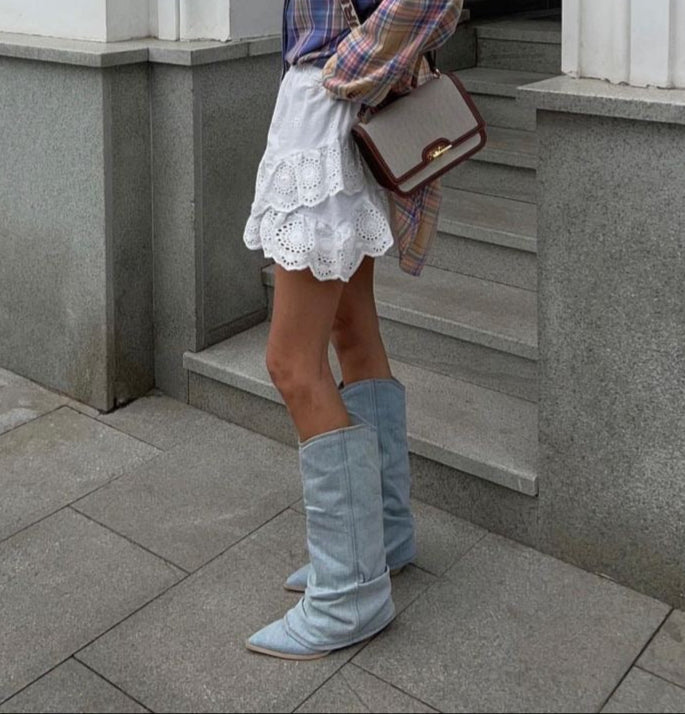Women's denim boots with block heel