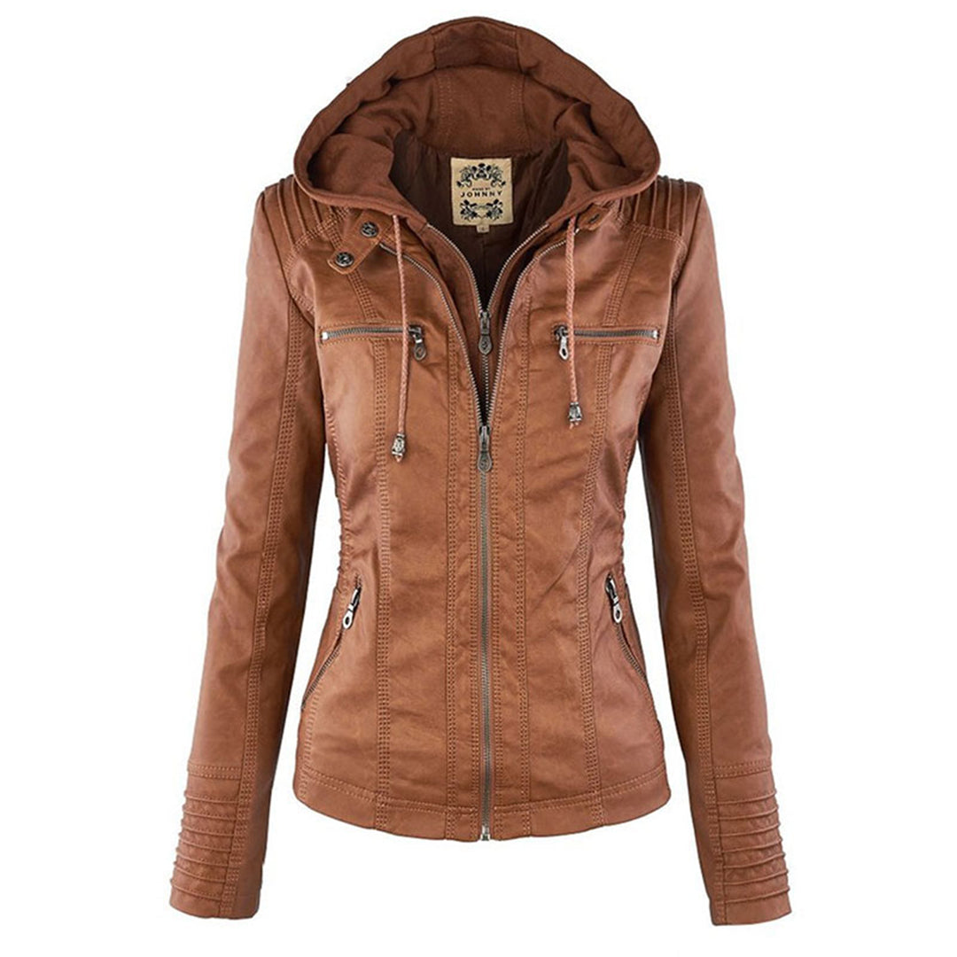 Damen Wetterfeste Lederjacke Mit Kapuze – Wasserdichter Stylischer Mantel