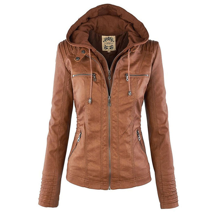 Damen Wetterfeste Lederjacke Mit Kapuze – Wasserdichter Stylischer Mantel