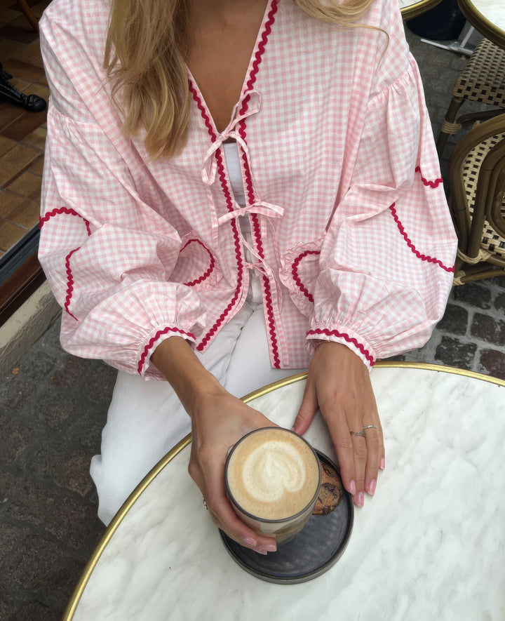 Women's Gingham Blouse – Loose Fit with Ruffles & Bow