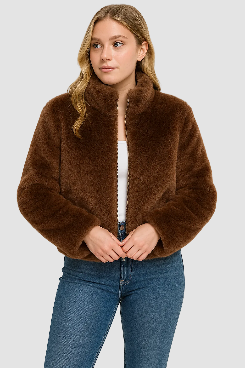 Faux Fur Damen Winterjacke Kurz Gefüttert Warm