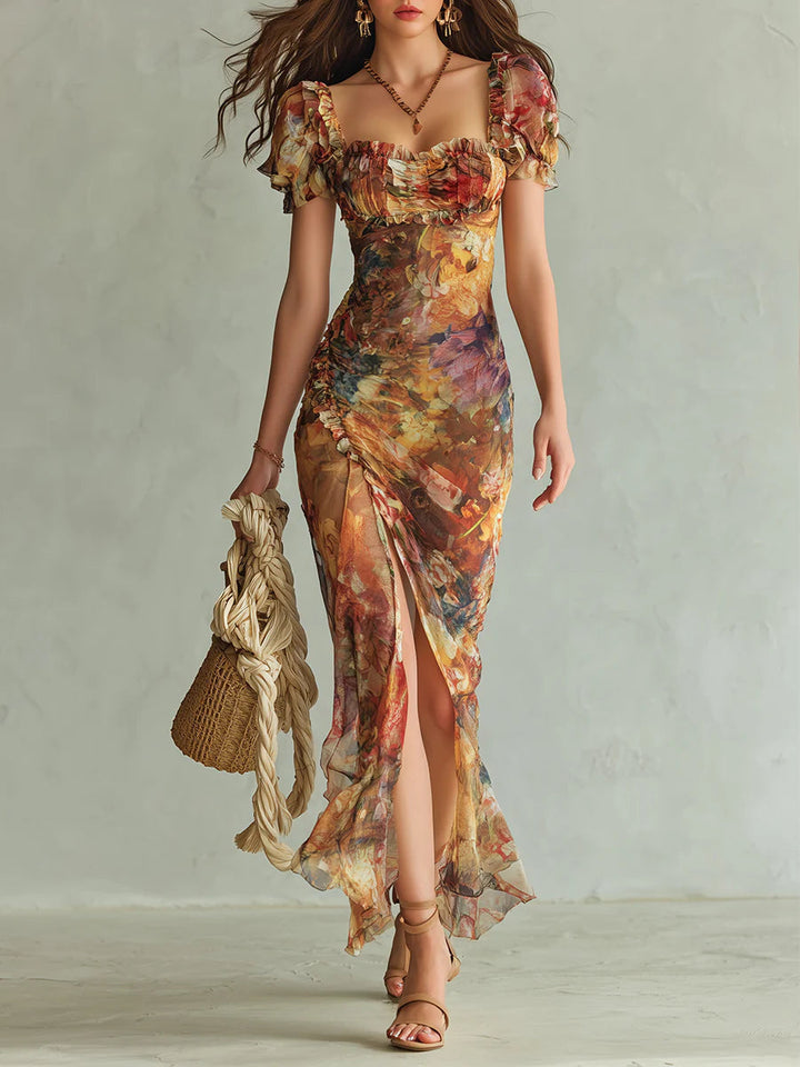 Langes Chiffonkleid in Orange: Eleganter Look für Hochzeitsgäste 0