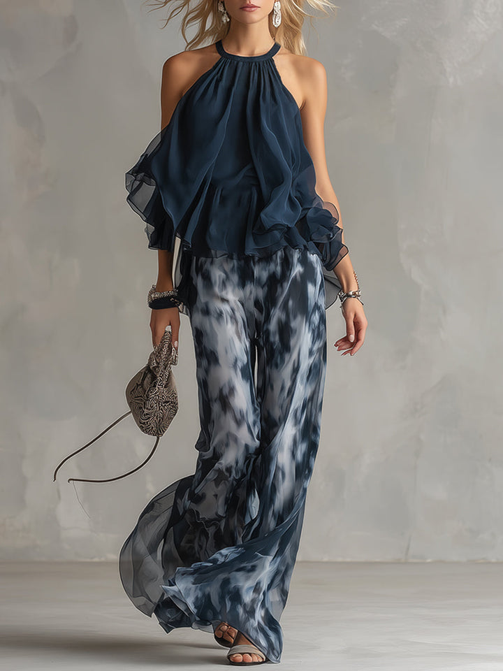 Ludovica Damen Set: Schulterfreies Oberteil & Chiffonhose für Eleganz 0