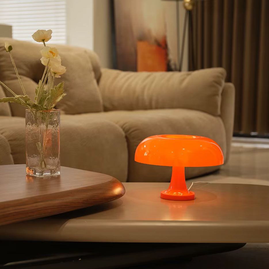 LumaMushroom Tischlampe – Stilvolle Bauhaus-Design LED Tischleuchte in Orange, Dimmbar, USB-C, 28x19,5 cm 2