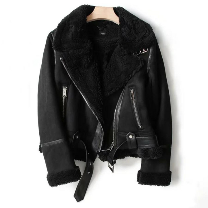 Veste biker femme en cuir avec doublure teddy