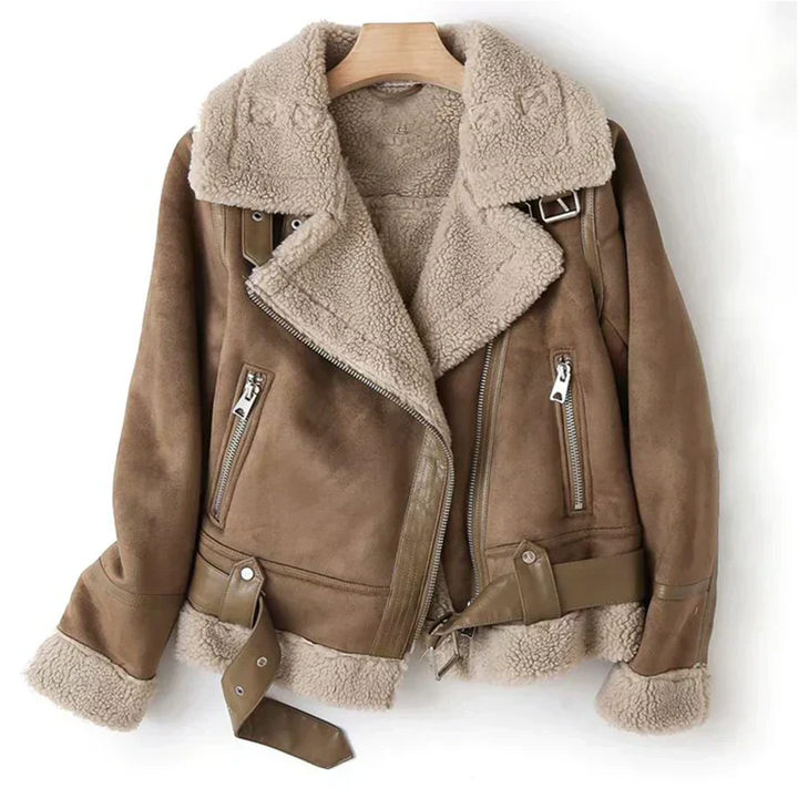Veste biker femme en cuir avec doublure teddy
