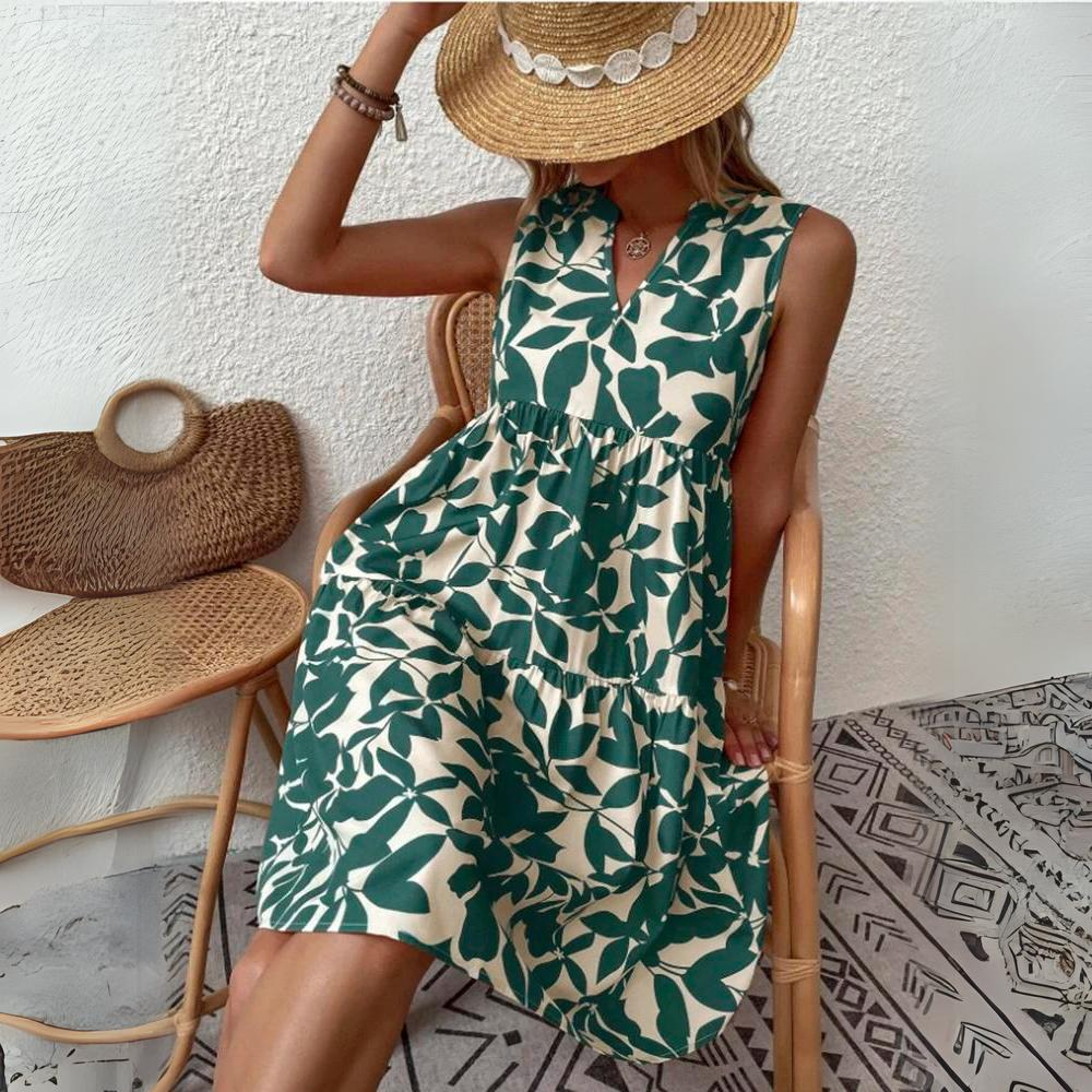 Women's dress cotton floral pattern summer dress with V-neck and short sleeves
