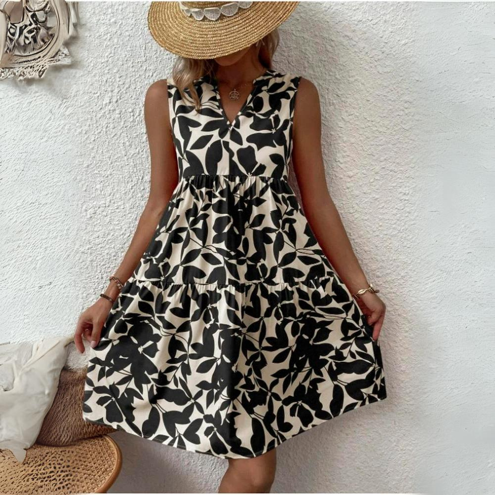 Women's dress cotton floral pattern summer dress with V-neck and short sleeves