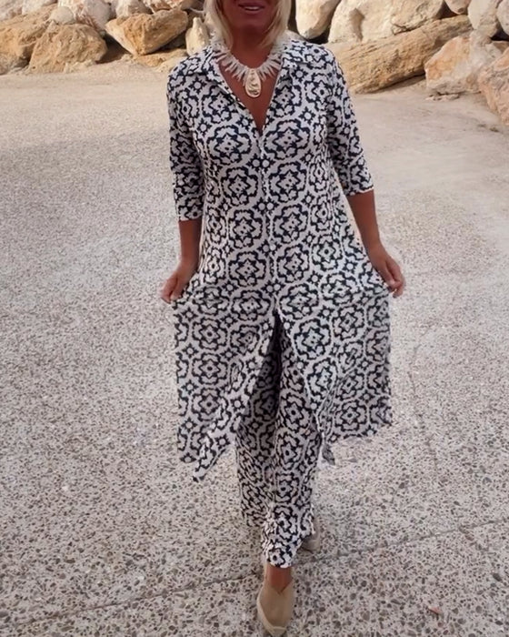 Women's Patterned Button-Up Shirt Dress and Matching Pants Set – Stylish Two-Piece Outfit