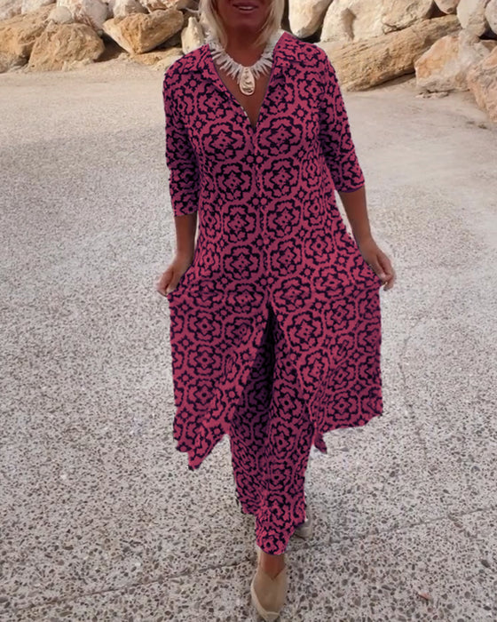 Women's Patterned Button-Up Shirt Dress and Matching Pants Set – Stylish Two-Piece Outfit