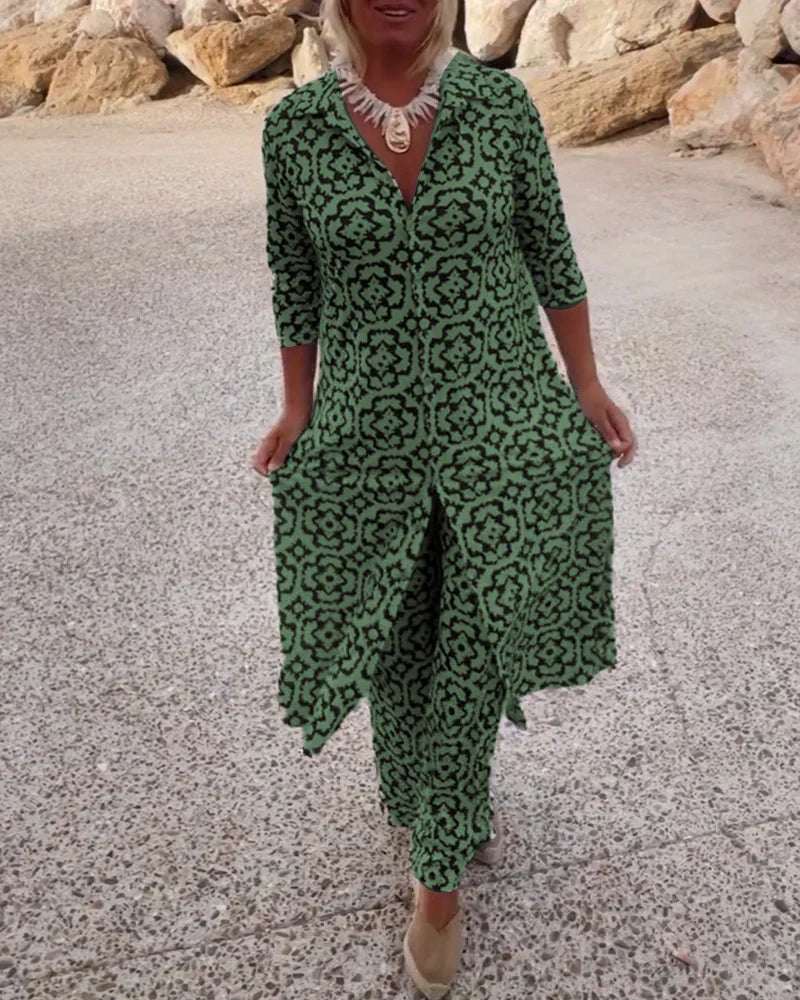 Women's Patterned Button-Up Shirt Dress and Matching Pants Set – Stylish Two-Piece Outfit