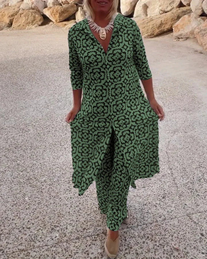 Women's Patterned Button-Up Shirt Dress and Matching Pants Set – Stylish Two-Piece Outfit