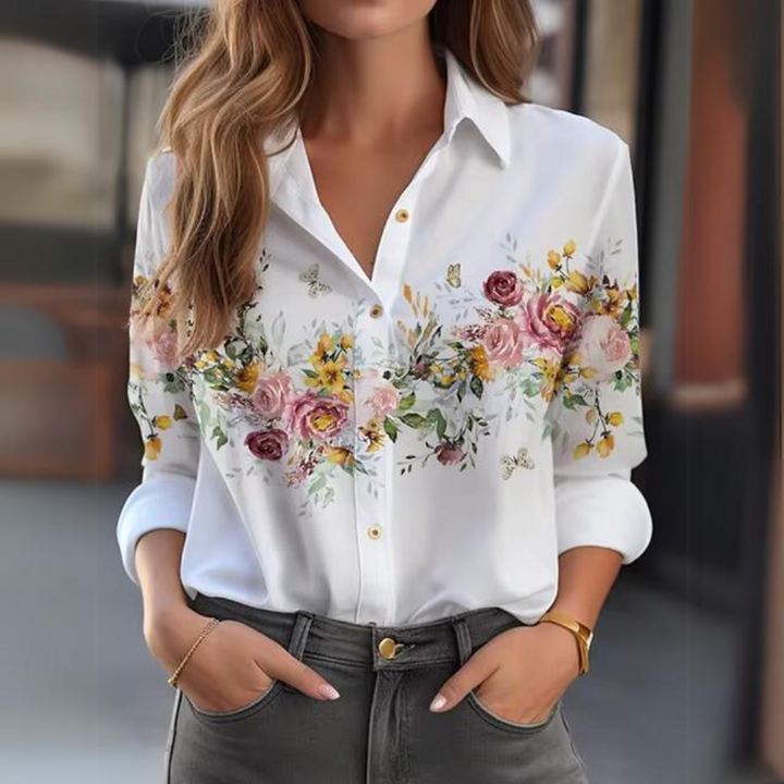 Women's Floral Blouse with Button Placket – Elegant Long-Sleeve Shirt