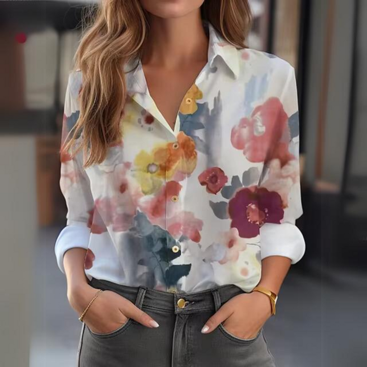 Women's Floral Blouse with Button Placket – Elegant Long-Sleeve Shirt