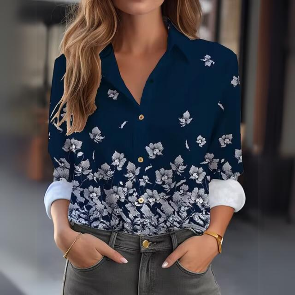 Women's Floral Blouse with Button Placket – Elegant Long-Sleeve Shirt