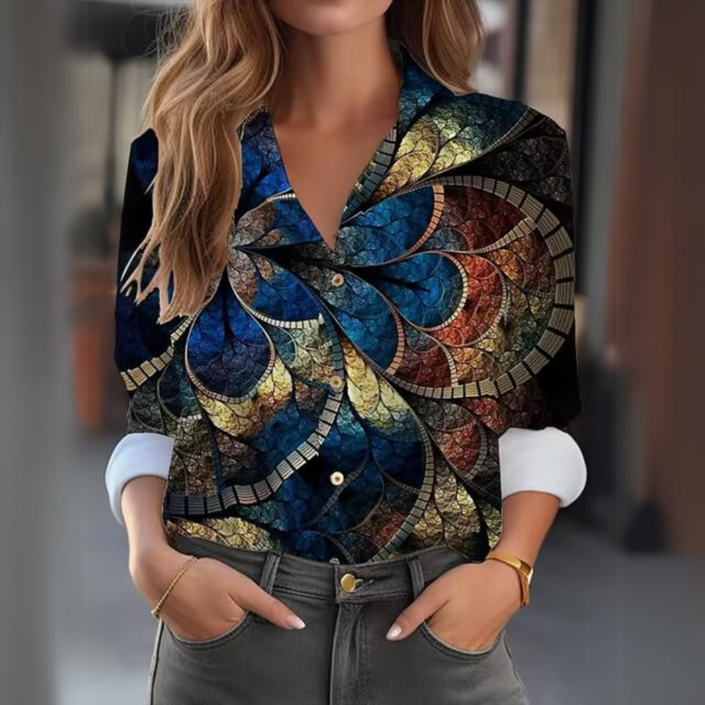 Women's Floral Blouse with Button Placket – Elegant Long-Sleeve Shirt