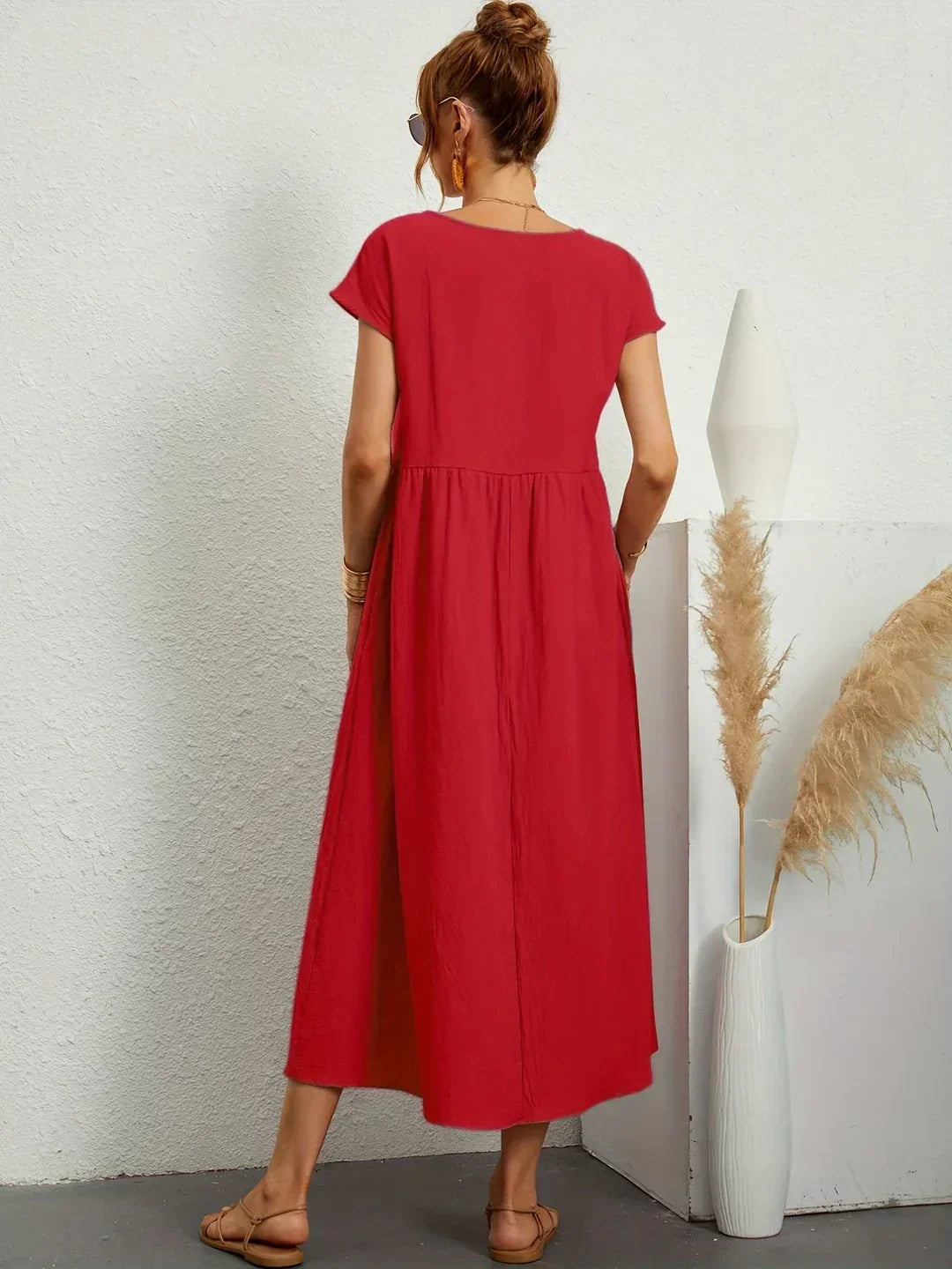 Robe d'été midi décontractée à col rond pour femme – Robe légère de loisirs