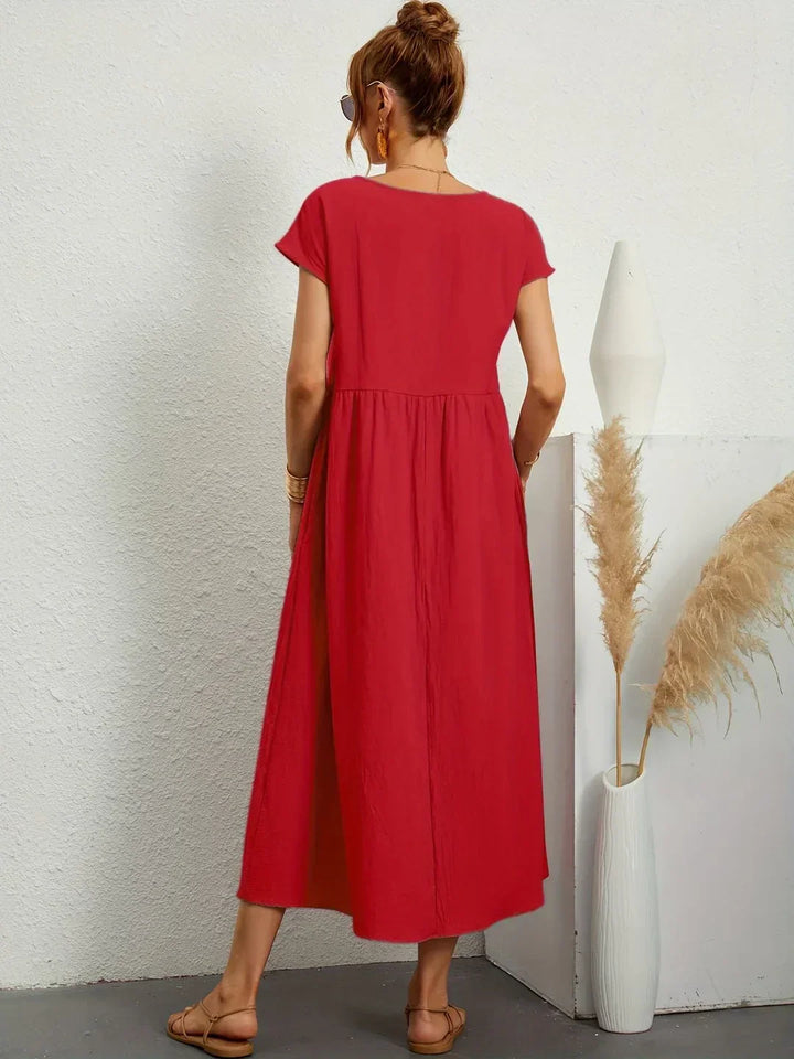 Robe d'été midi décontractée à col rond pour femme – Robe légère de loisirs