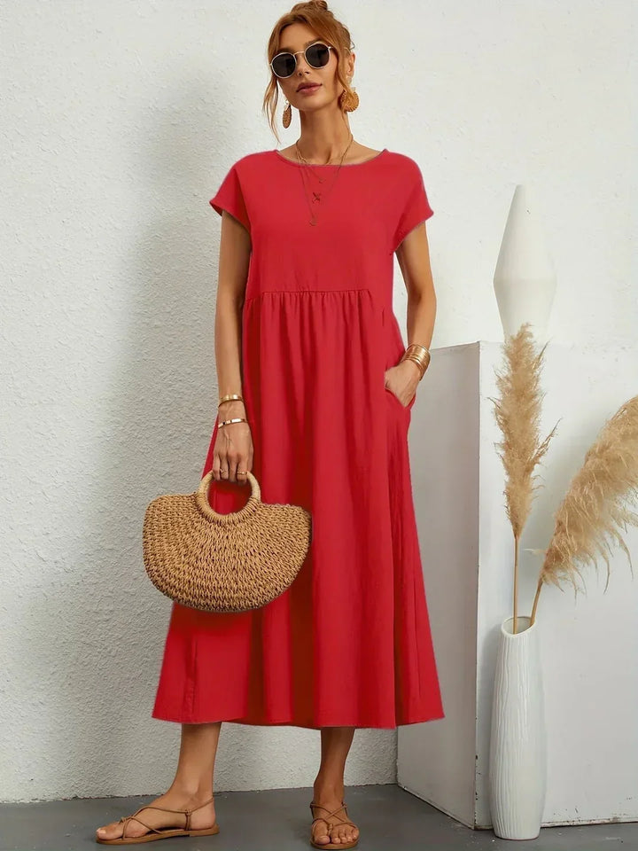 Robe d'été midi décontractée à col rond pour femme – Robe légère de loisirs