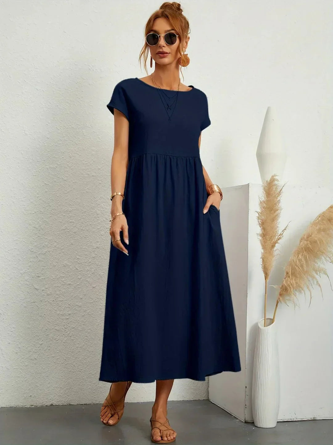 Robe d'été midi décontractée à col rond pour femme – Robe légère de loisirs