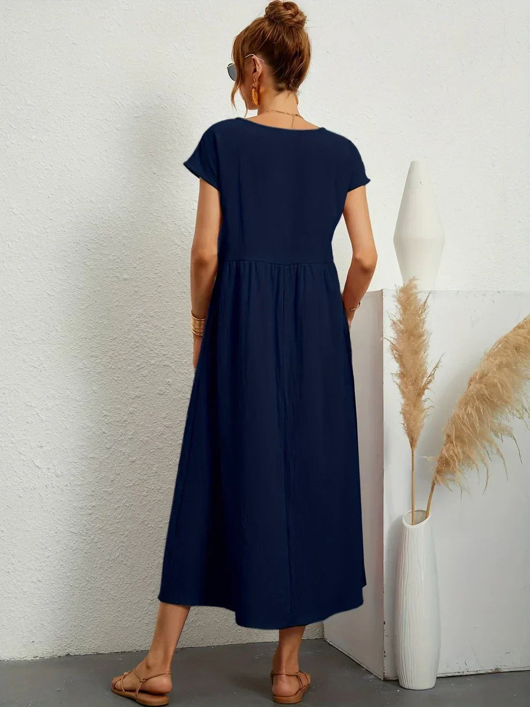 Robe d'été midi décontractée à col rond pour femme – Robe légère de loisirs