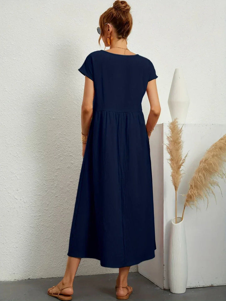Robe d'été midi décontractée à col rond pour femme – Robe légère de loisirs