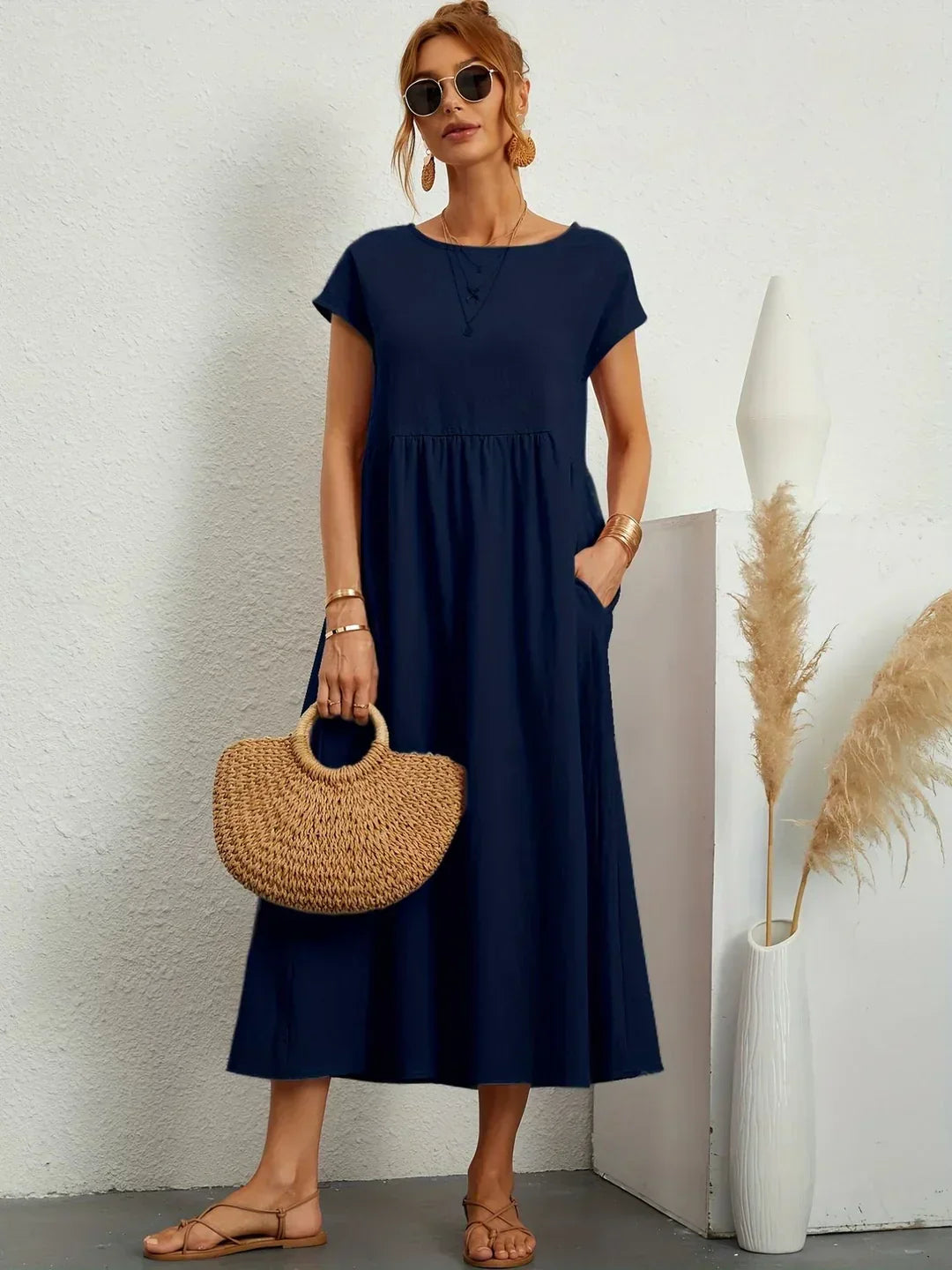 Robe d'été midi décontractée à col rond pour femme – Robe légère de loisirs