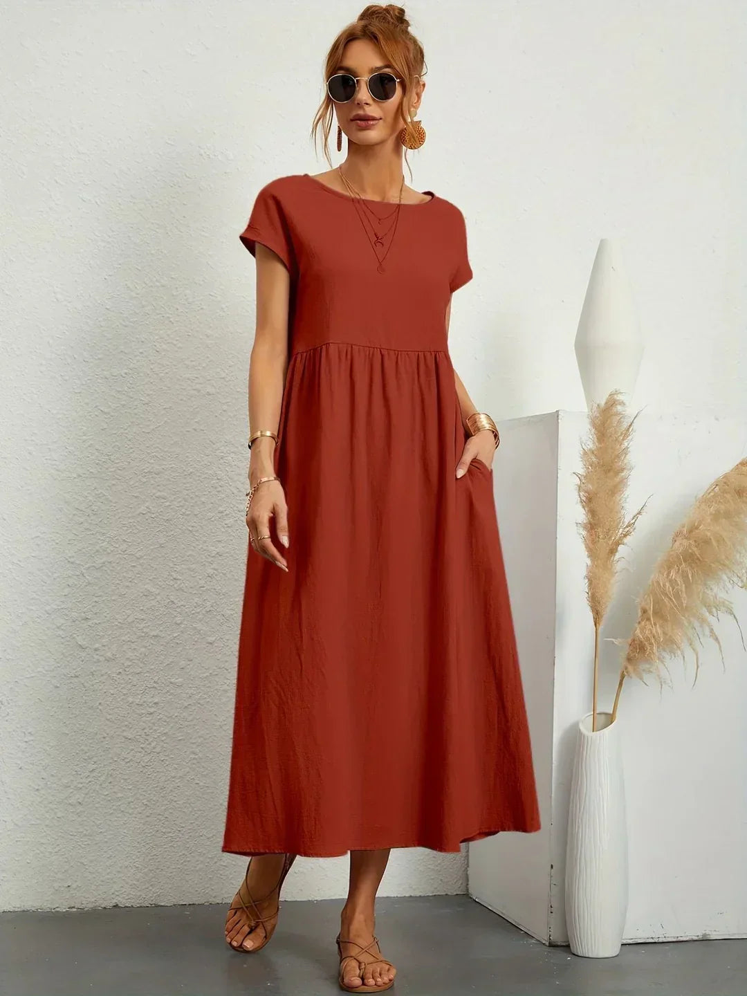 Robe d'été midi décontractée à col rond pour femme – Robe légère de loisirs