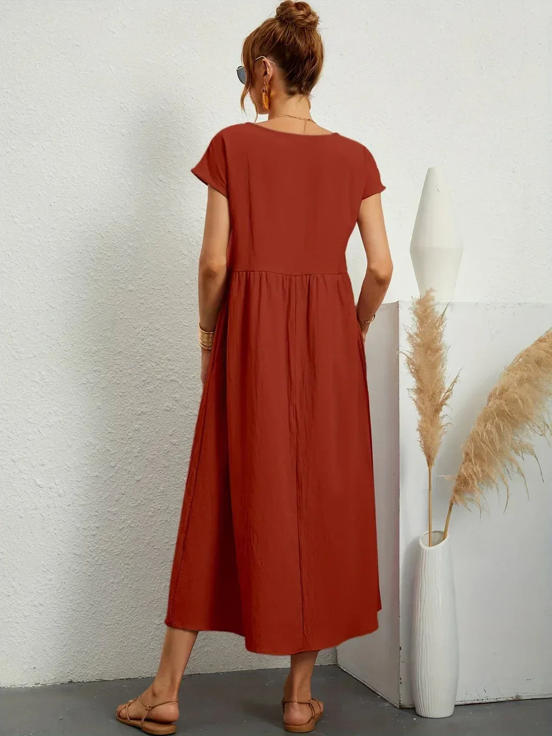 Robe d'été midi décontractée à col rond pour femme – Robe légère de loisirs
