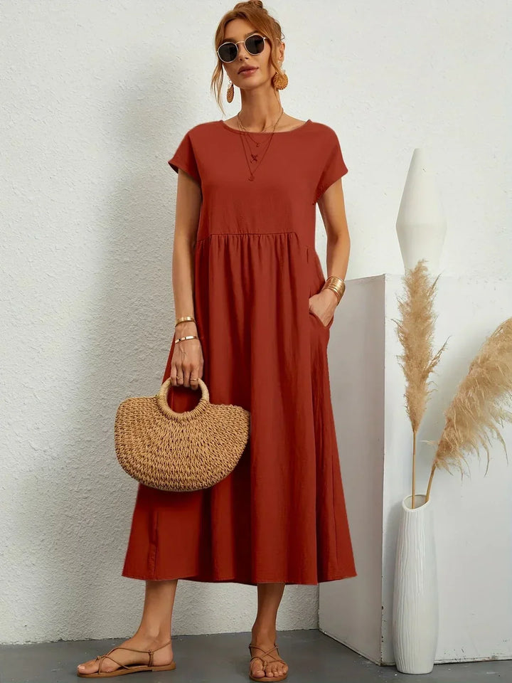 Robe d'été midi décontractée à col rond pour femme – Robe légère de loisirs