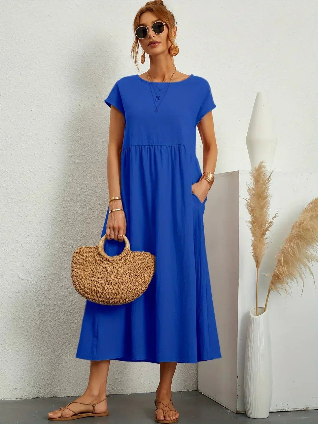 Robe d'été midi décontractée à col rond pour femme – Robe légère de loisirs