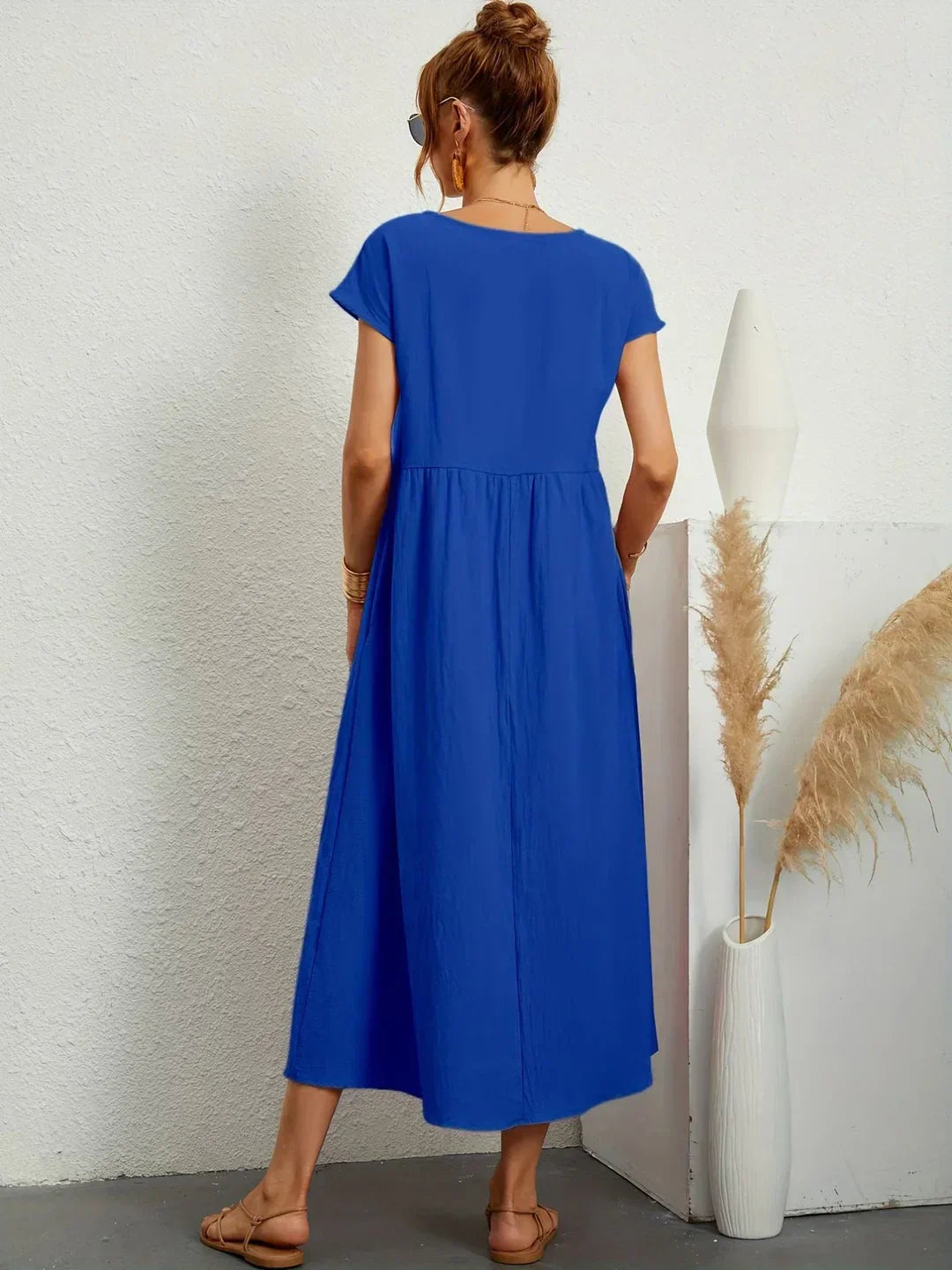 Robe d'été midi décontractée à col rond pour femme – Robe légère de loisirs