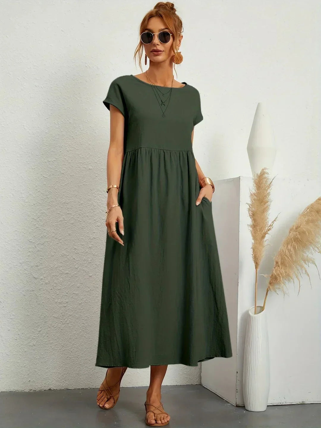Robe d'été midi décontractée à col rond pour femme – Robe légère de loisirs