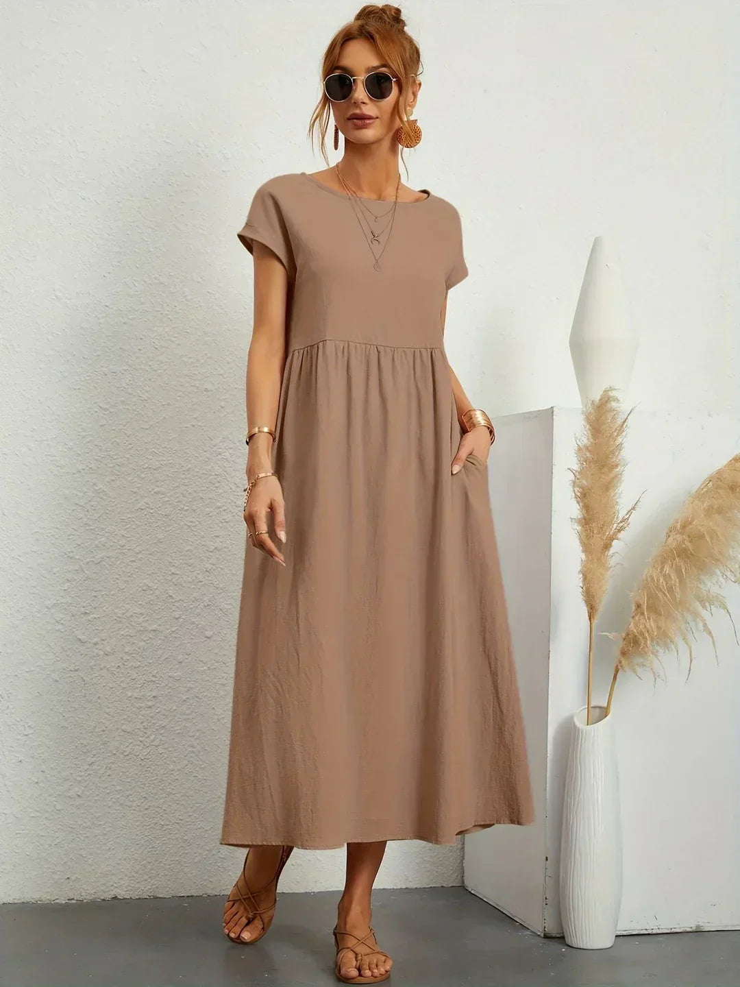 Robe d'été midi décontractée à col rond pour femme – Robe légère de loisirs