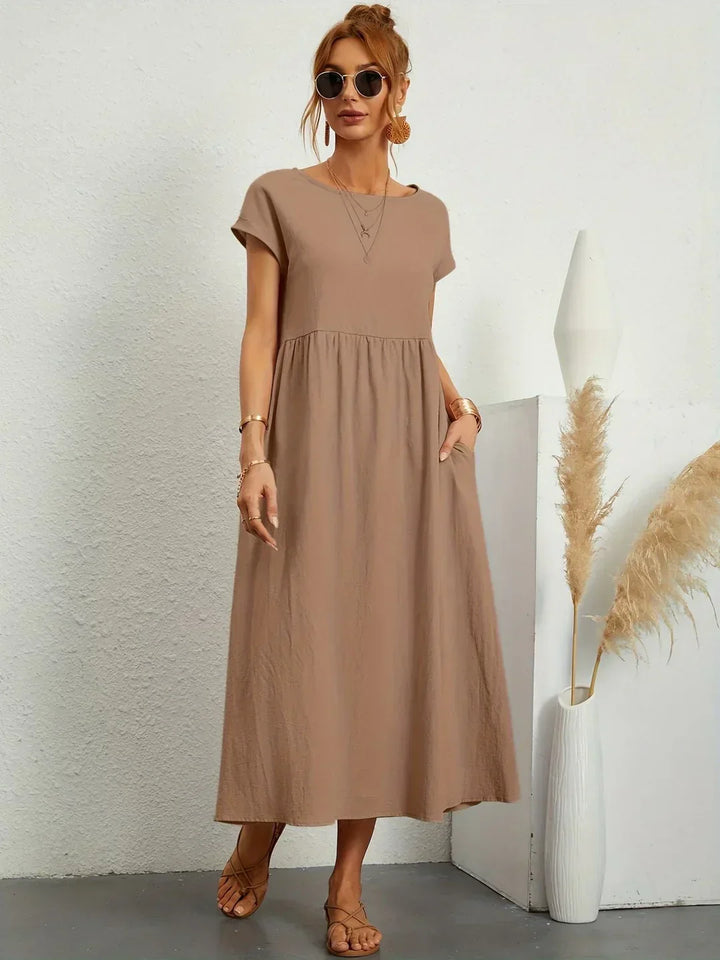 Robe d'été midi décontractée à col rond pour femme – Robe légère de loisirs