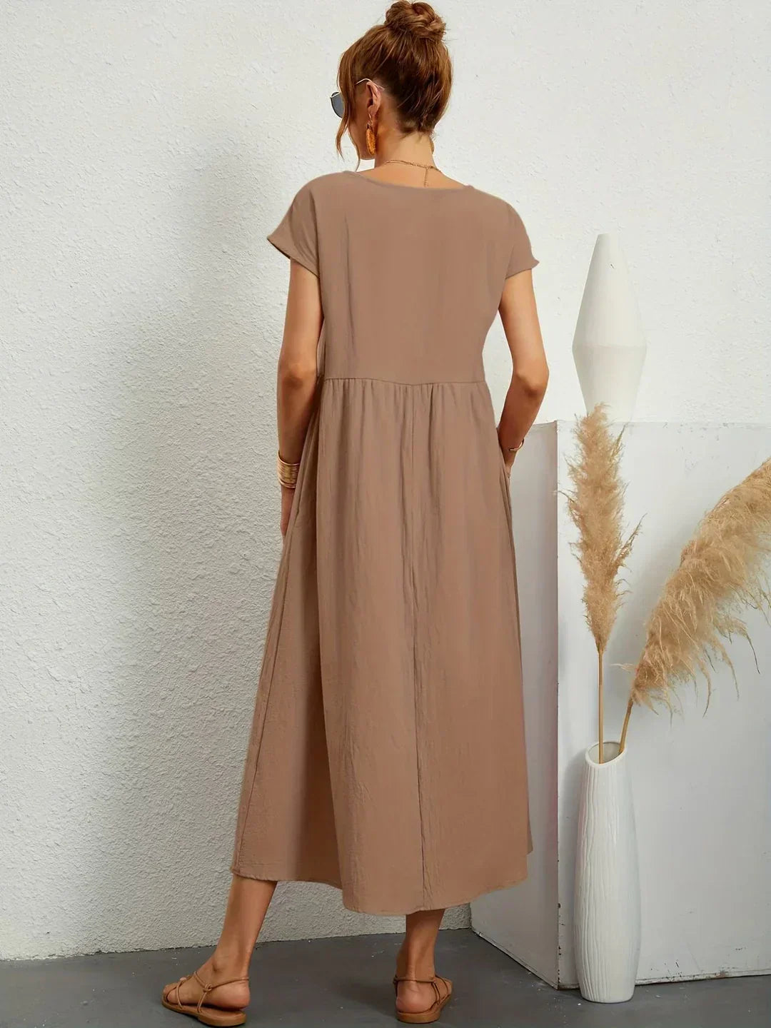 Robe d'été midi décontractée à col rond pour femme – Robe légère de loisirs