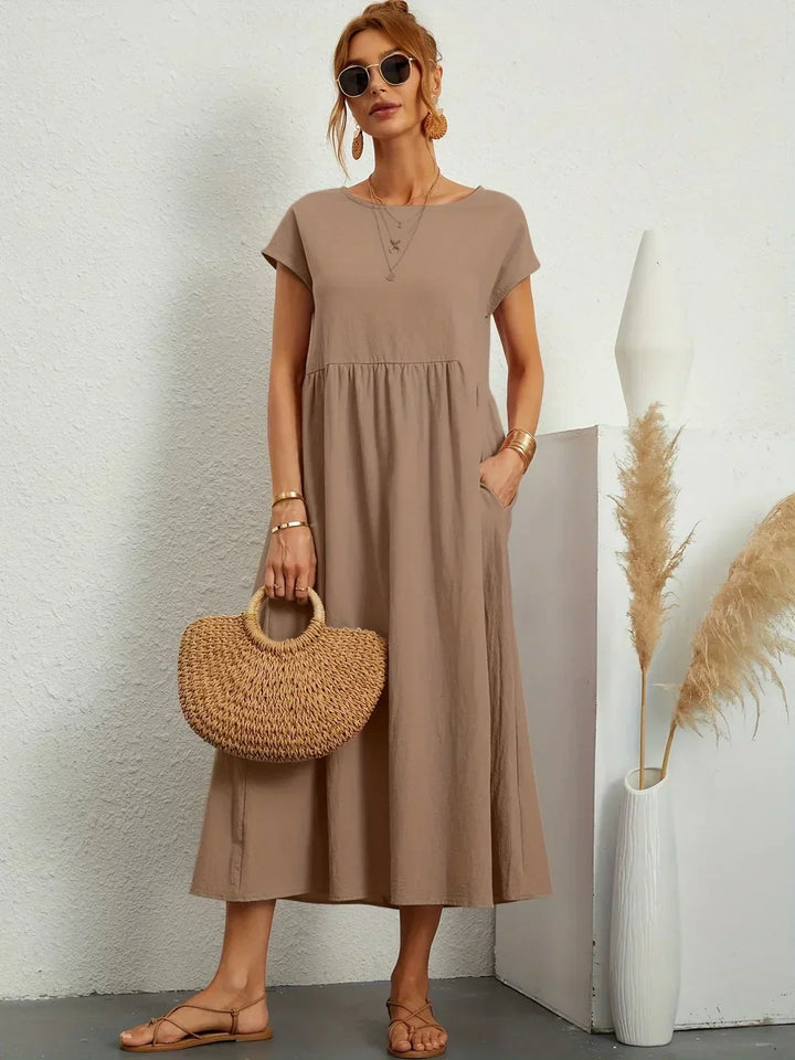 Robe d'été midi décontractée à col rond pour femme – Robe légère de loisirs