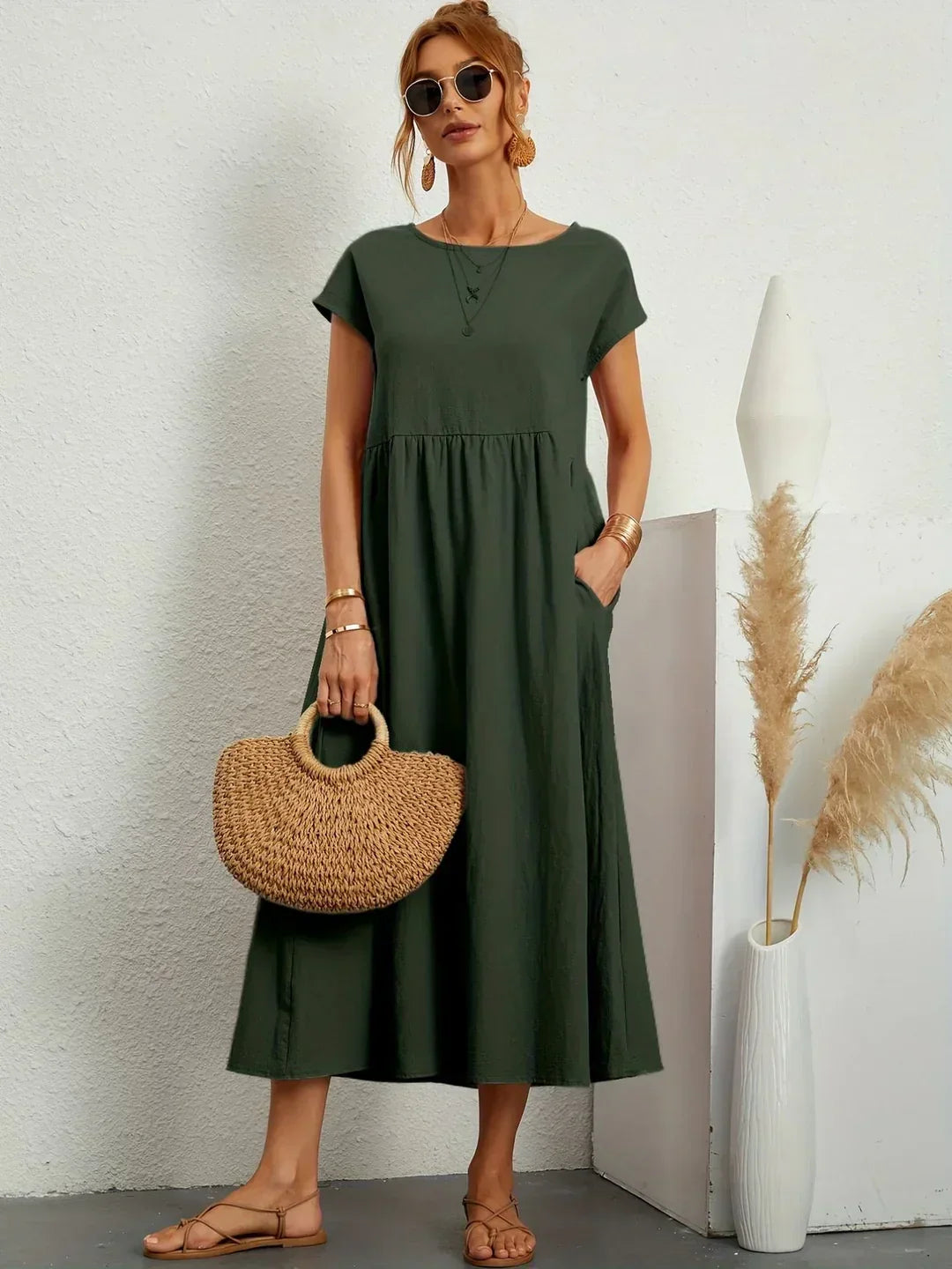 Robe d'été midi décontractée à col rond pour femme – Robe légère de loisirs