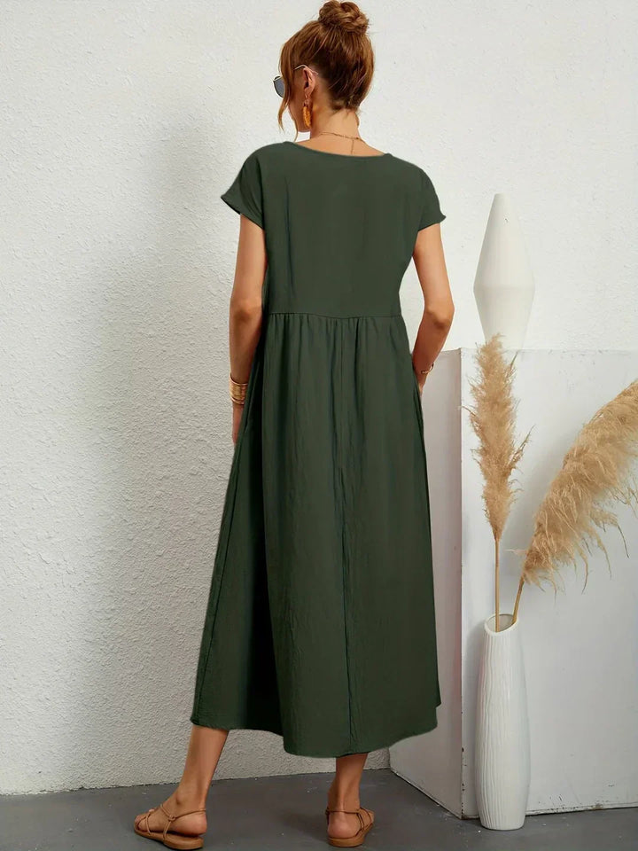 Robe d'été midi décontractée à col rond pour femme – Robe légère de loisirs