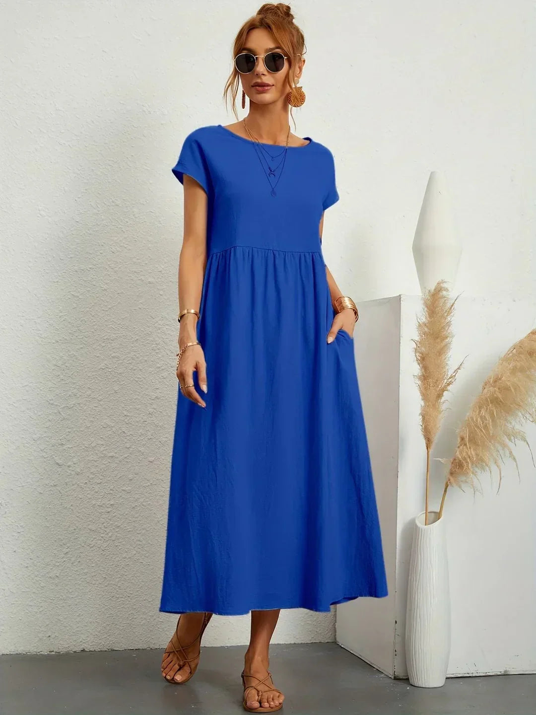 Robe d'été midi décontractée à col rond pour femme – Robe légère de loisirs