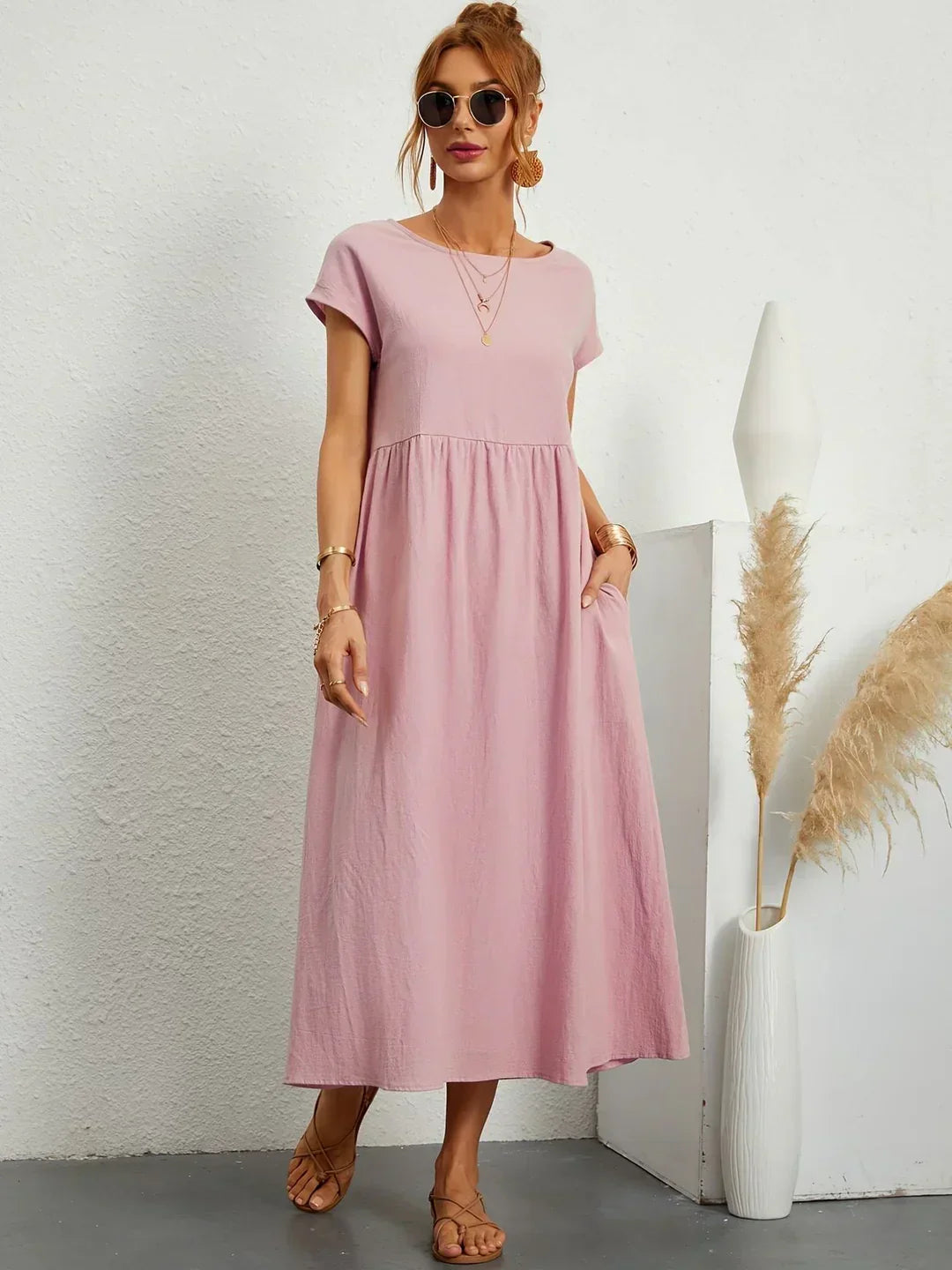 Robe d'été midi décontractée à col rond pour femme – Robe légère de loisirs