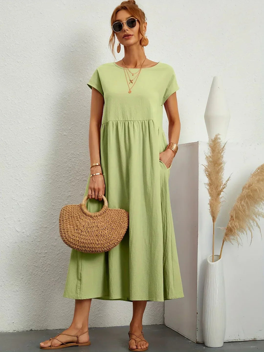Robe d'été midi décontractée à col rond pour femme – Robe légère de loisirs