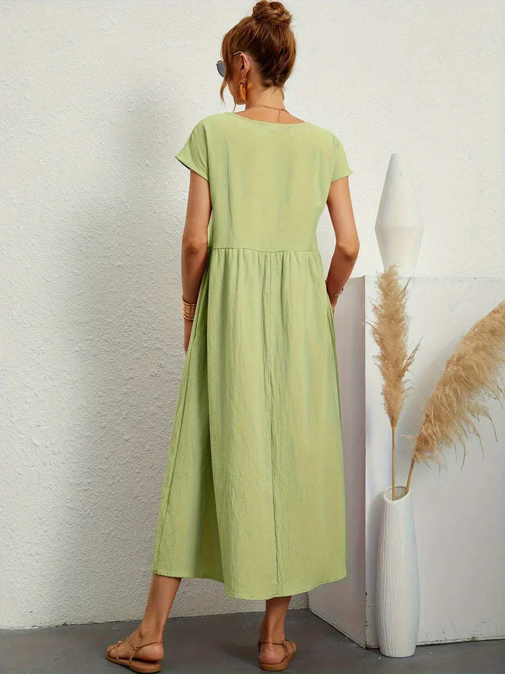 Robe d'été midi décontractée à col rond pour femme – Robe légère de loisirs